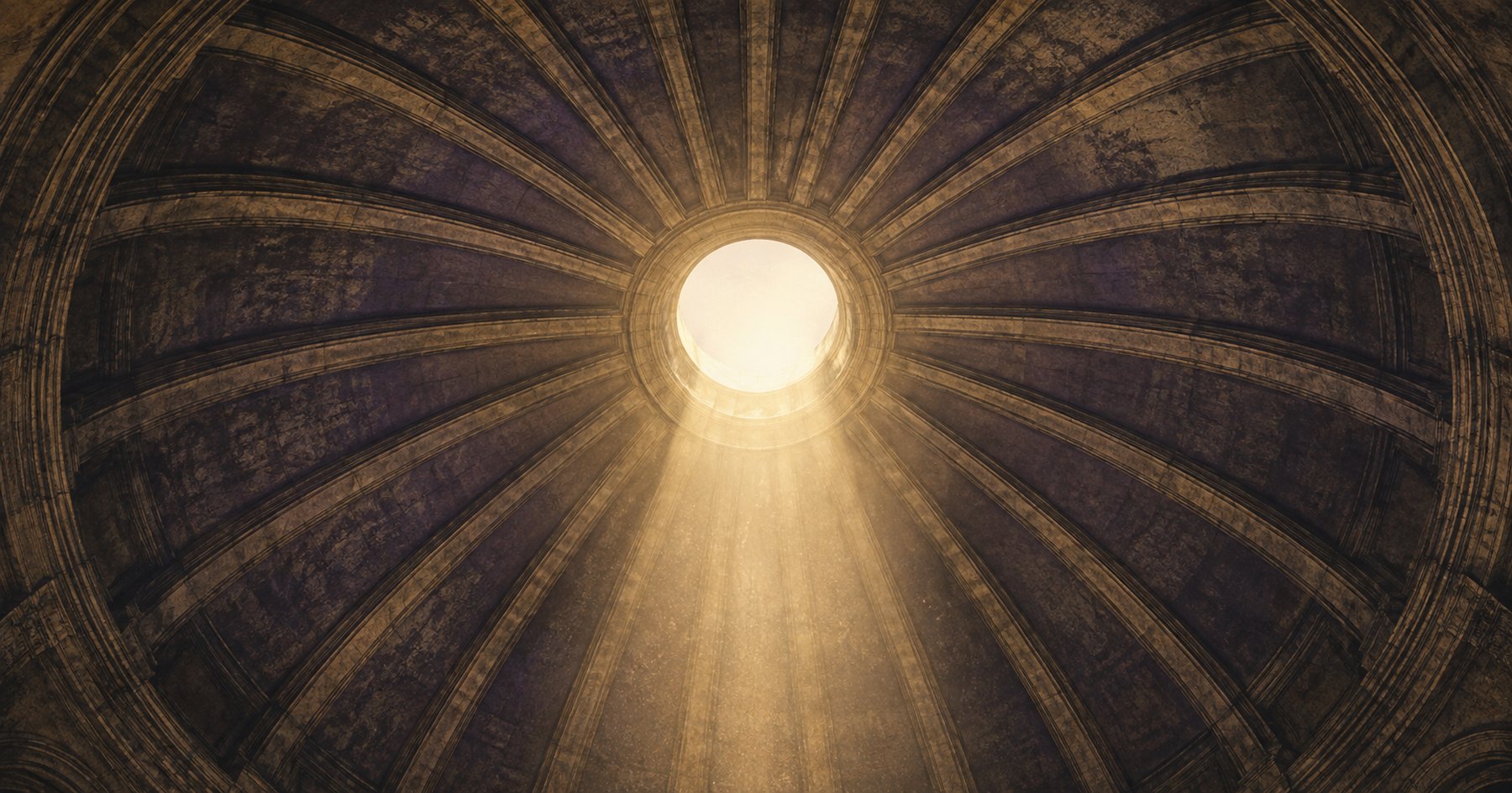 Looking up into a ribbed stone dome with light pouring down through the open oculus at its center