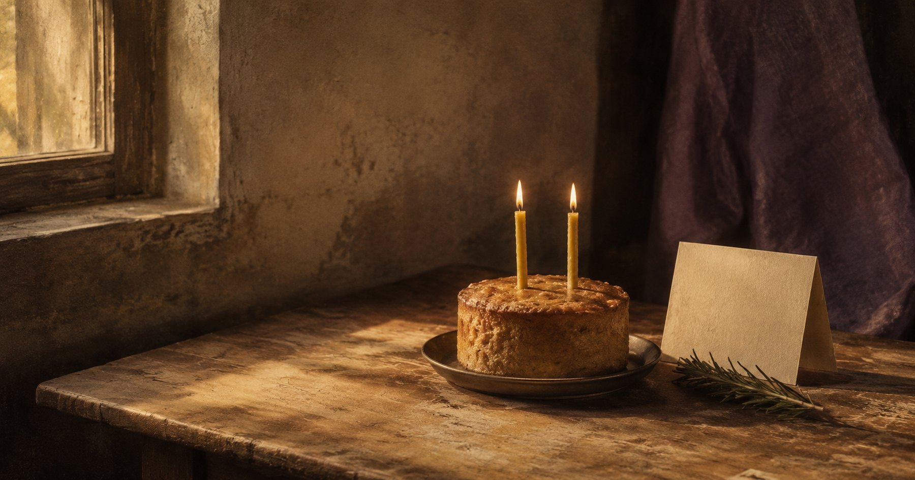 A small cake with two lit candles on a worn kitchen table beside a blank folded card and a sprig of rosemary, in low afternoon window light