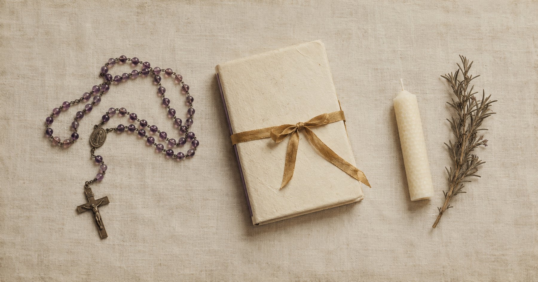 An amethyst rosary, a book wrapped in cream paper and gold ribbon, a beeswax candle and rosemary on linen