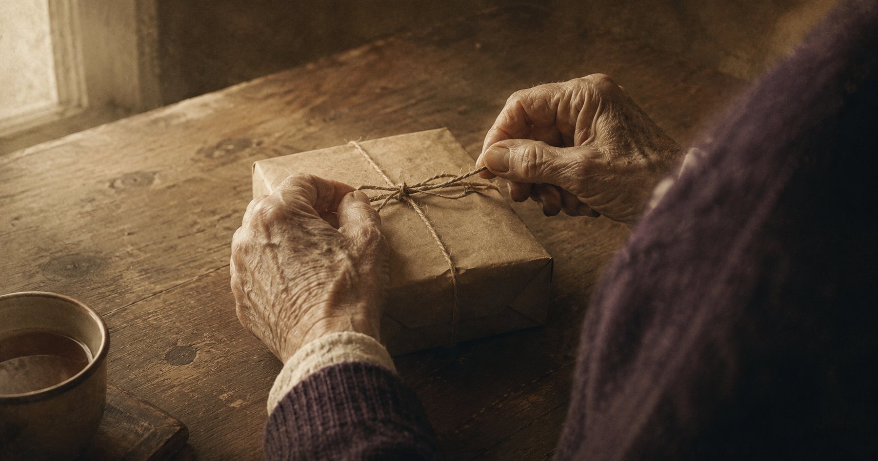 The weathered hands of an older person tying string around a small parcel wrapped in brown paper