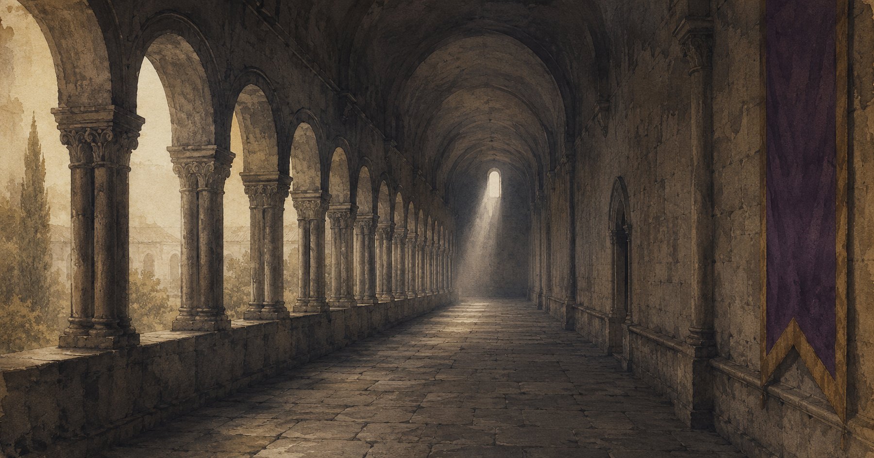 A long empty stone cloister corridor with a shaft of daylight falling from a high window