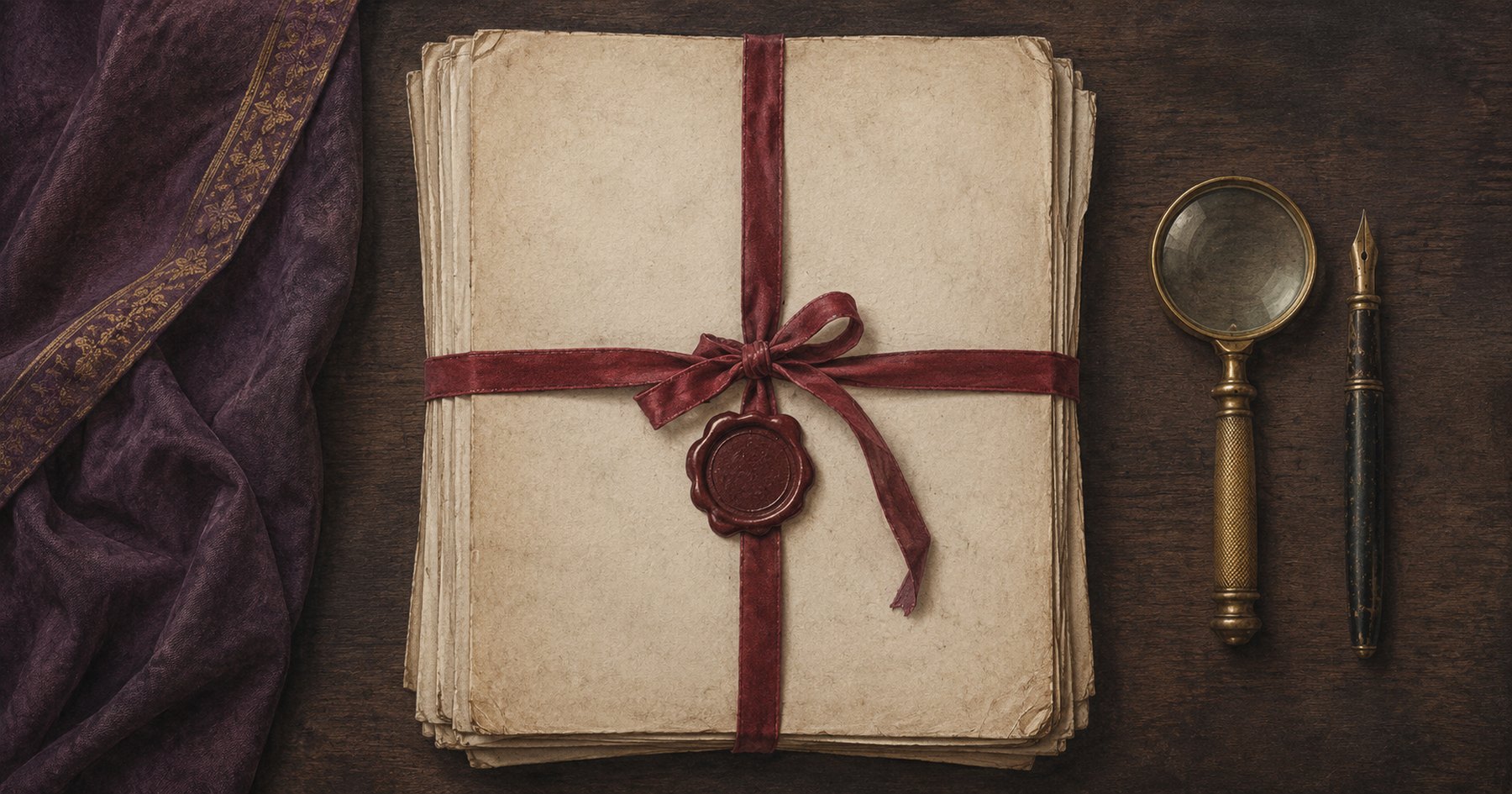 A stack of aged archival documents tied with crimson ribbon and sealed with wax, beside a magnifier and pen