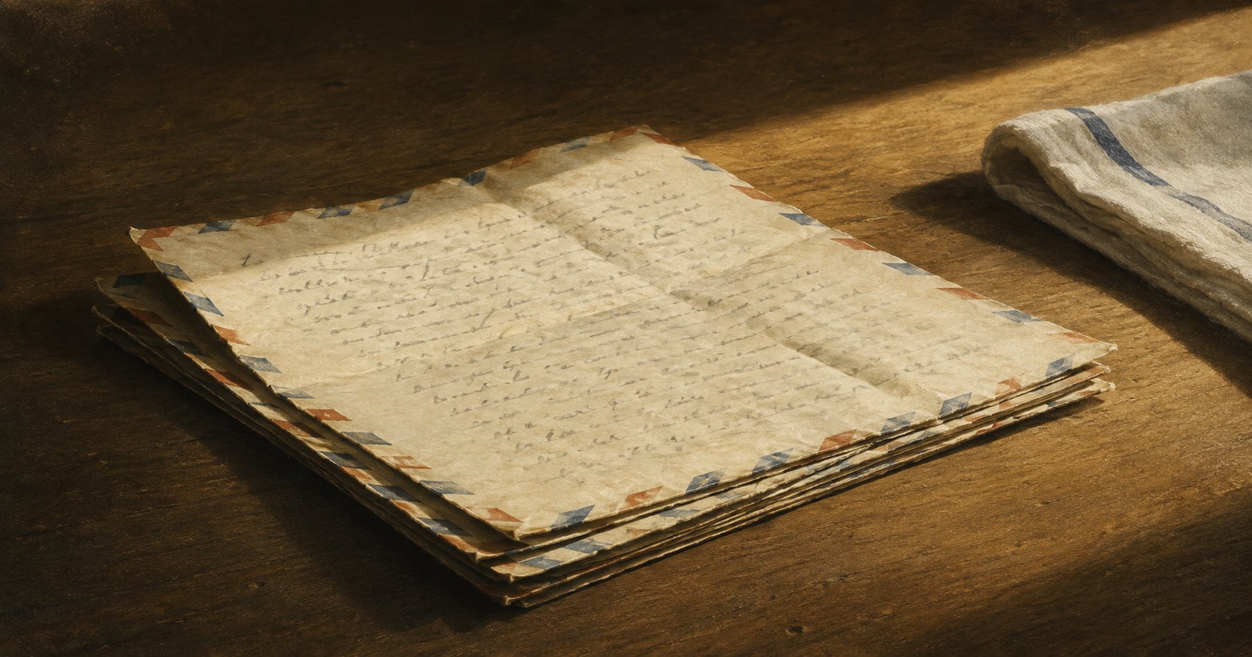 A stack of worn airmail letters on a wooden table, the top one unfolded and covered in faded handwriting, beside a folded white cloth with a blue stripe