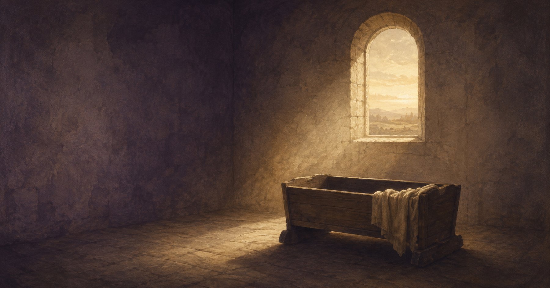 An empty wooden crib with a linen cloth draped over it, in a bare stone room lit by dawn light through a high arched window