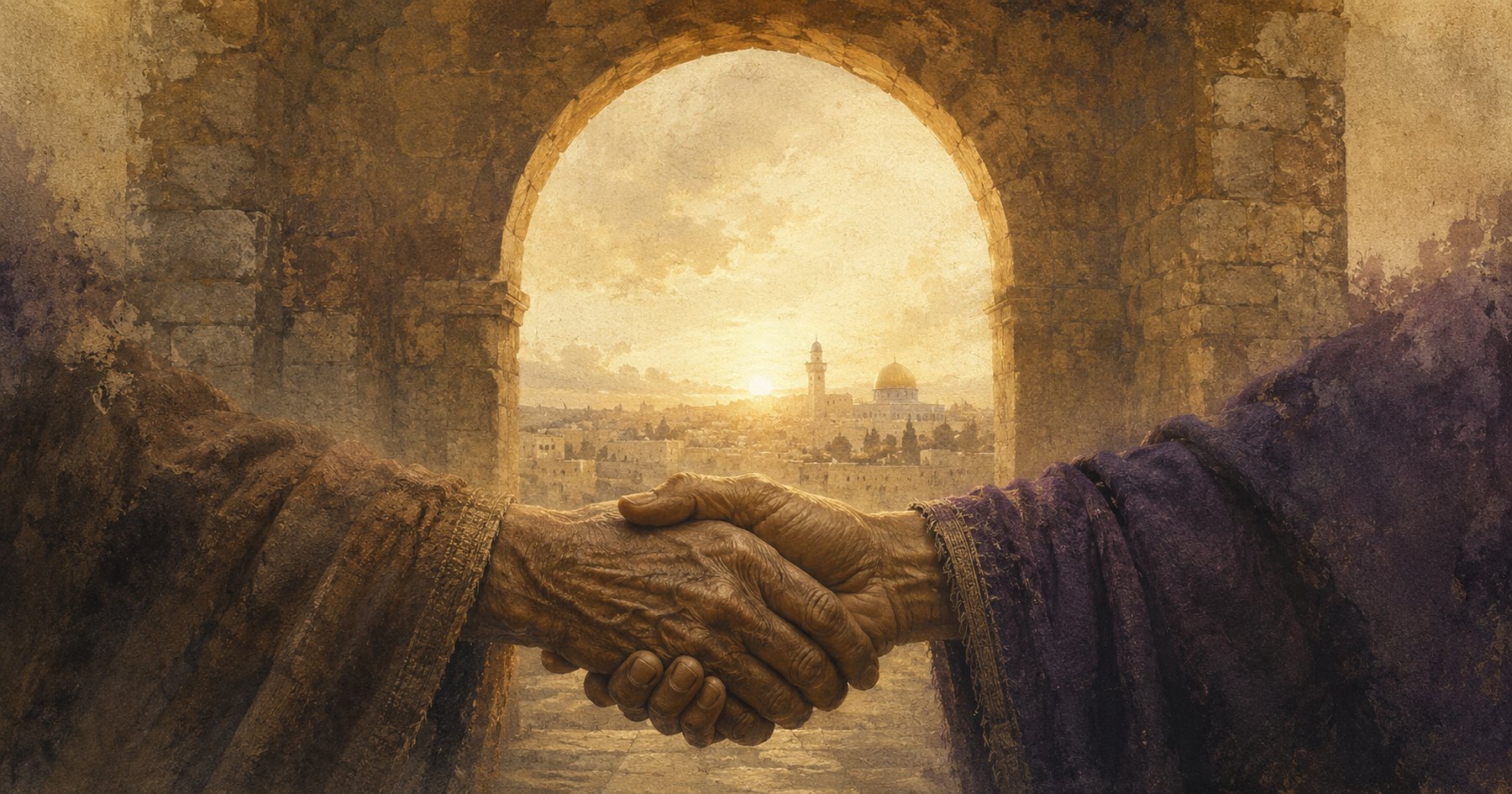 Two pairs of aged hands clasped beneath a stone archway looking out over Jerusalem at dawn