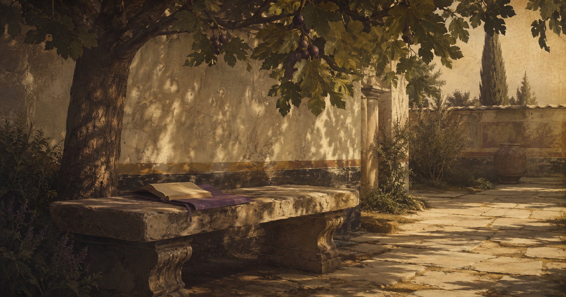 A sunlit walled Roman garden with an open book left on a worn stone bench beneath a fig tree, dappled light across the flagstones