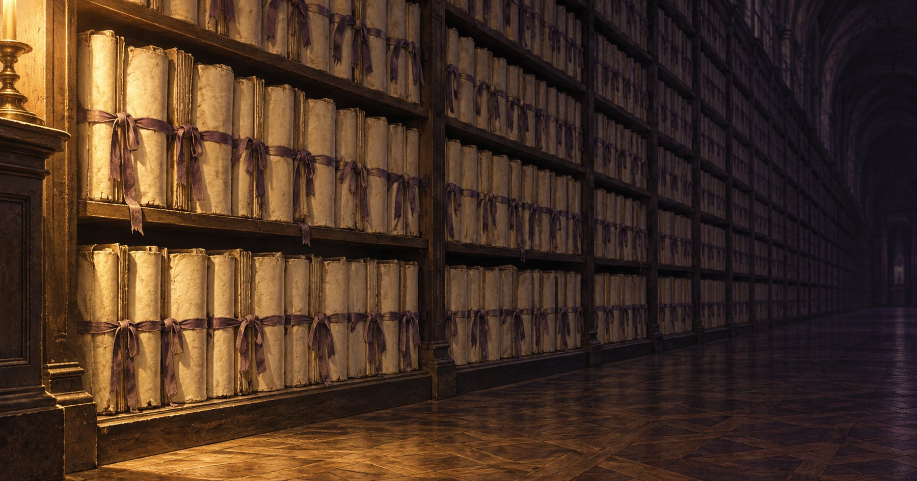 A long archive shelf run packed with hundreds of cream bound dossiers tied with violet ribbon, receding into darkness under one lamp