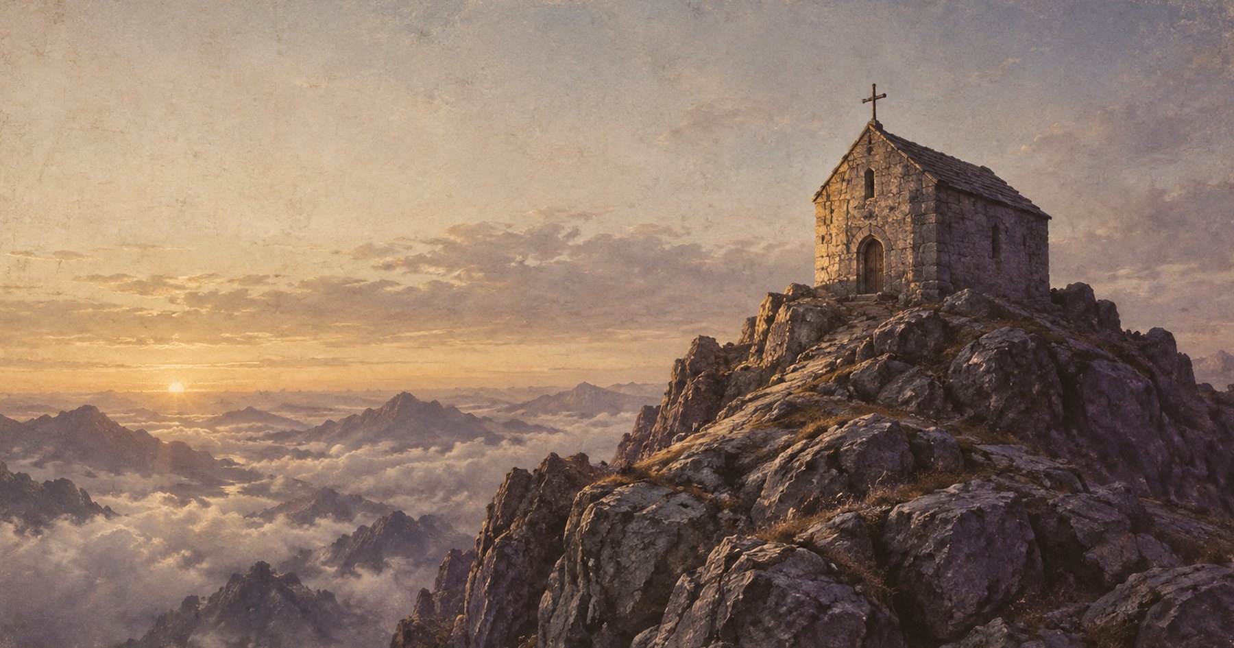 A small stone chapel with an iron cross standing alone on a high rocky summit at sunrise, with cloud lying in the valleys far below