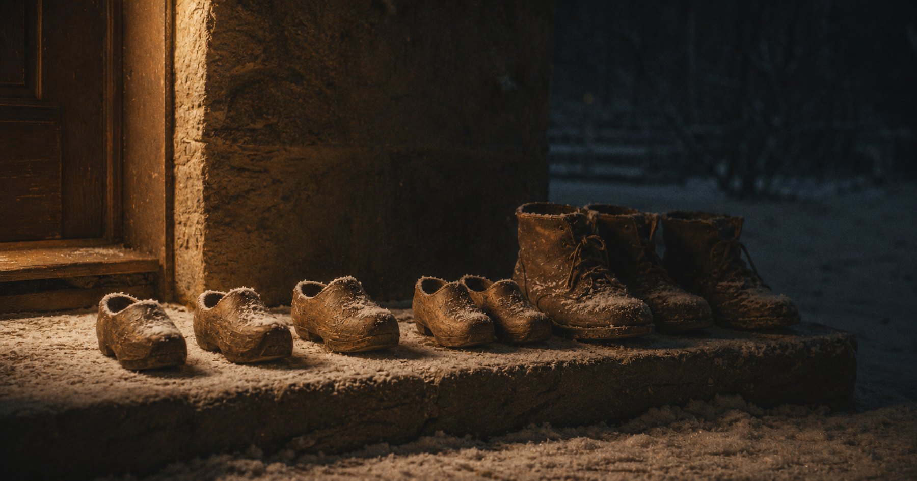 Small wooden clogs and boots lined up on a snowy stone doorstep at night