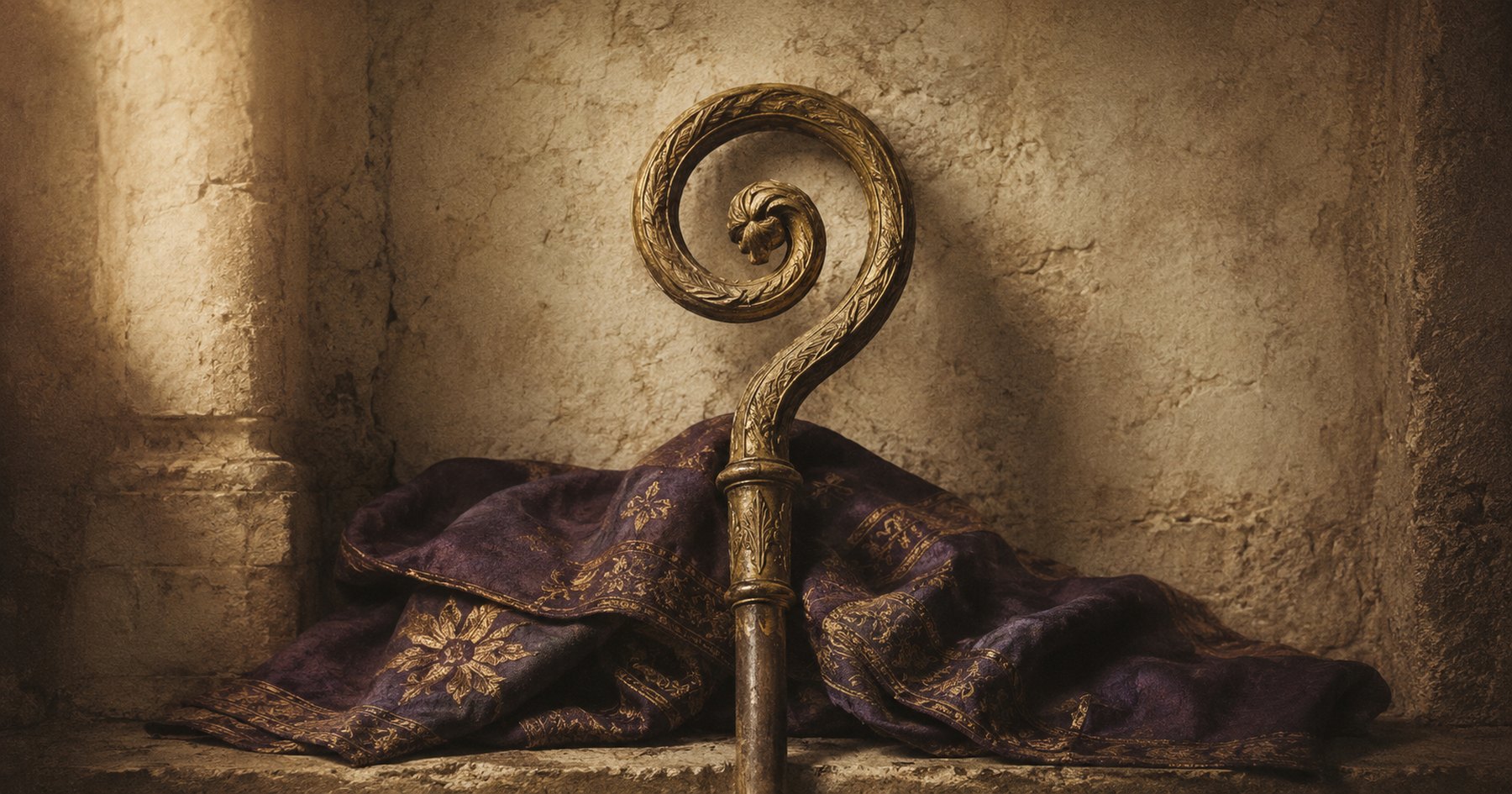 A gilded bishop's crozier resting against violet and gold vestments in a worn stone church