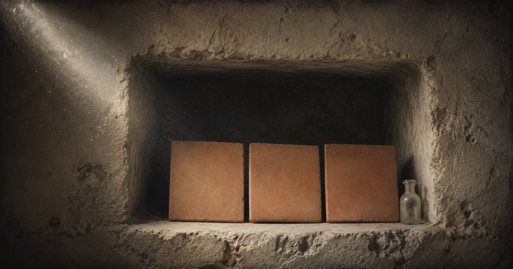 Three blank terracotta tiles and a small clouded glass vial in a rough stone burial niche in a Roman catacomb