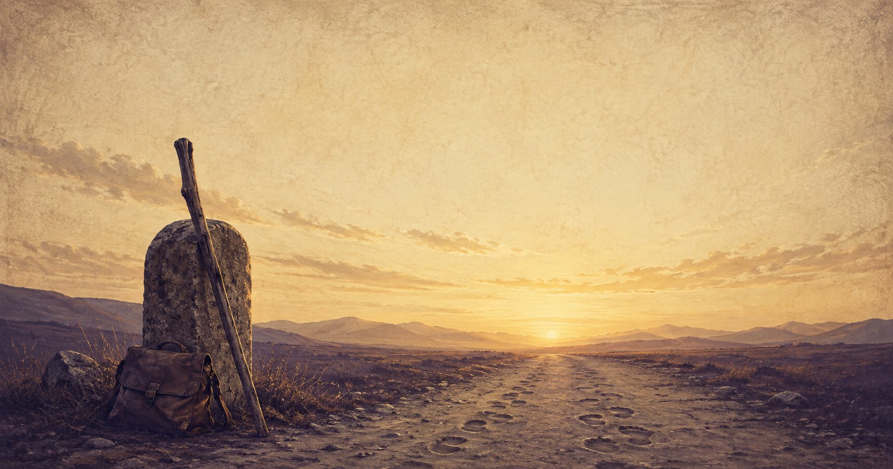 A worn walking staff and leather satchel beside a stone milestone on an empty road at dawn, footprints leading toward the horizon