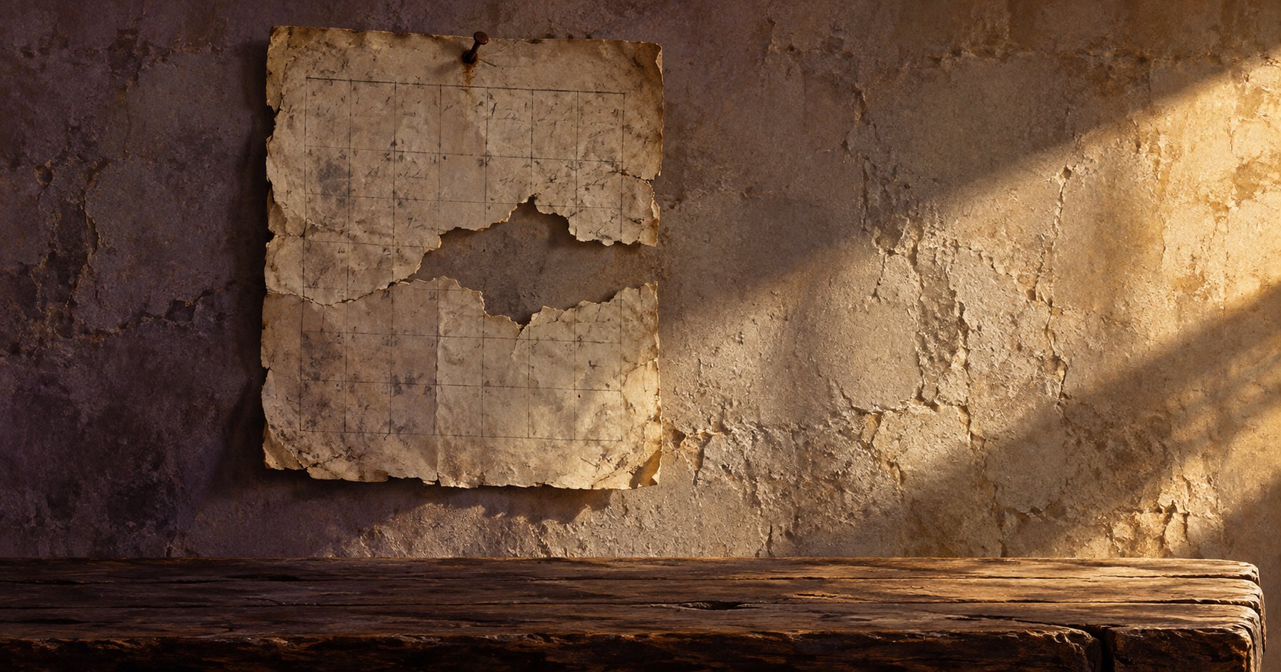An old calendar leaf pinned to a plaster wall with a block torn clean out of the middle of its grid, lit by low slanting light