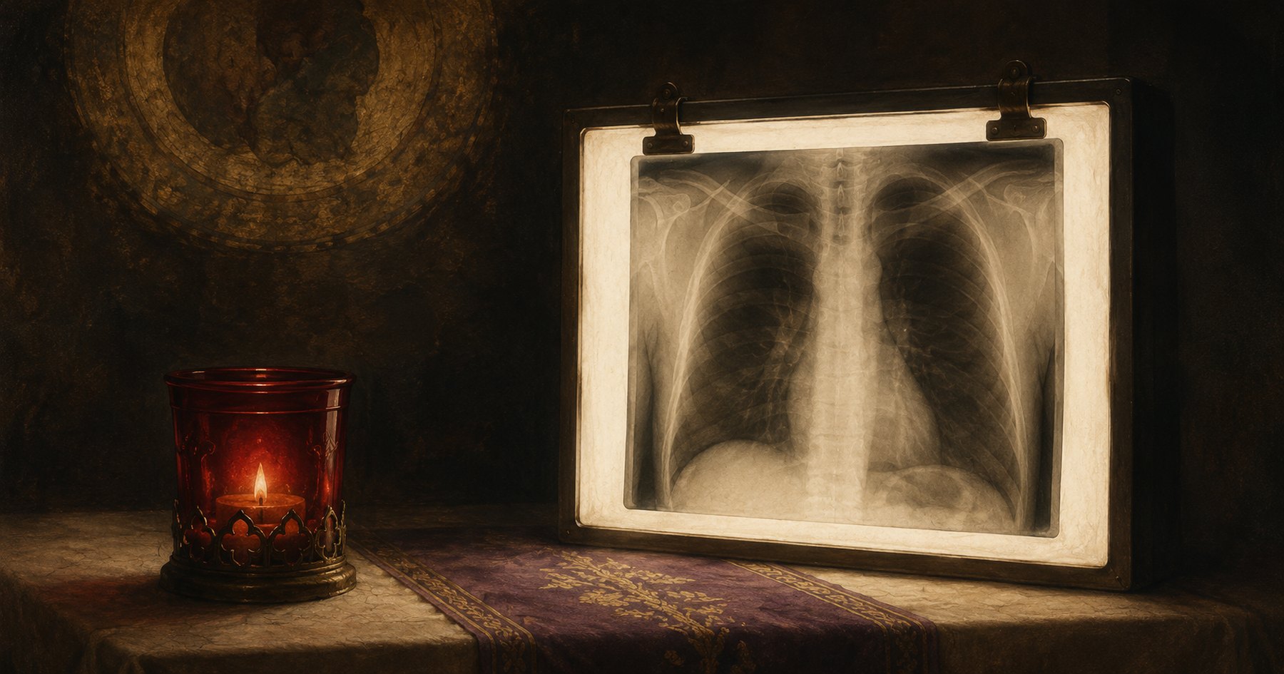 A chest X-ray glowing on a light box beside a lit red votive candle